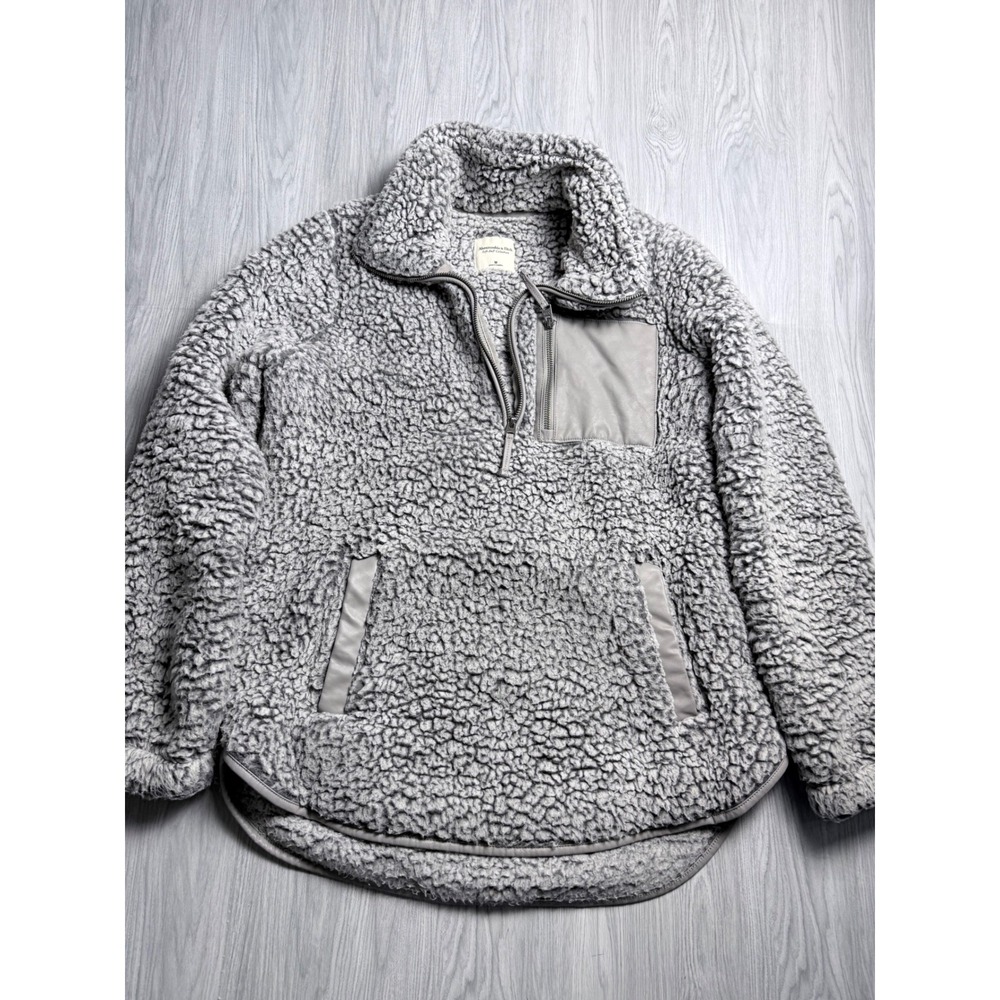 Abercrombie & Fitch Mens Sherpa Fleece Jacket Grey Faux Leather Pocket Mock Neck